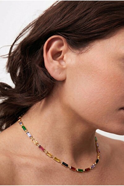 Minon Jewelry Renkli Baget Taşlı Su Yolu Kolye - 925 Ayar Gümüş - Şık Gökkuşa...