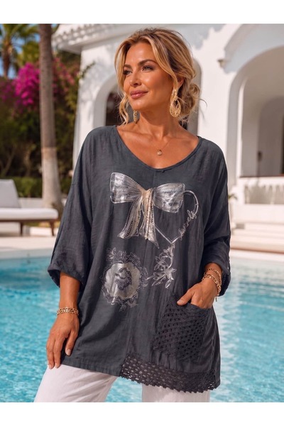 Punta Otantik Msr7091 Italian Half Sleeve Mesh Detail Pocketed Linen Blouse S...