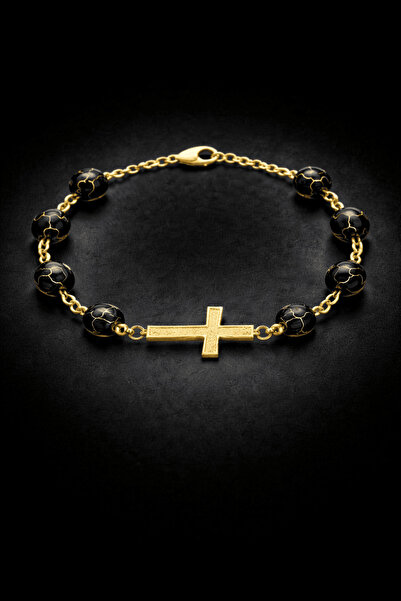 Bitolia Agathos Bracelet with black beads and golden cross 3
