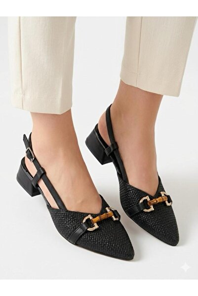 Lütfi Women's Black Thick Heel Comfortable Fit Heeled Ballerina Shoes