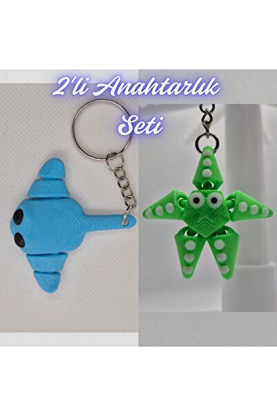 3DAtölyeMaker Light Blue Flexible Stingray and Green Moving Starfish Keychain