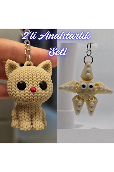 3DAtölyeMaker Cream Knitted Patterned Cat and Light Yellow Moving Starfish Ke...
