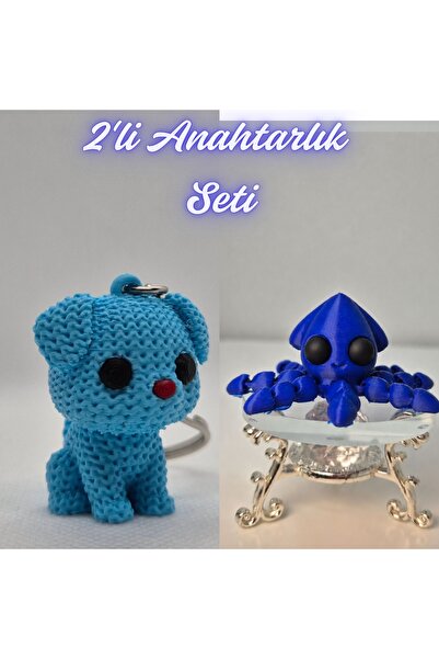3DAtölyeMaker Light Blue Knitted Patterned Dog and Blue Squid Keychain