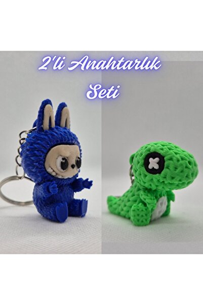 3DAtölyeMaker Blue Labubu and Green Knitted Pattern Moving Dino Keychain