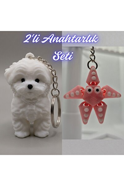 3DAtölyeMaker White Maltese Terrier and Pink Moving Starfish Keychain