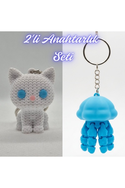 3DAtölyeMaker White Knitted Patterned Cat and Light Blue Moving Jellyfish Key...
