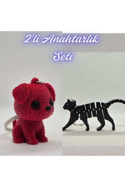 3DAtölyeMaker Fire Engine Red Knitted Patterned Dog and Black Flexible Cat Ke...