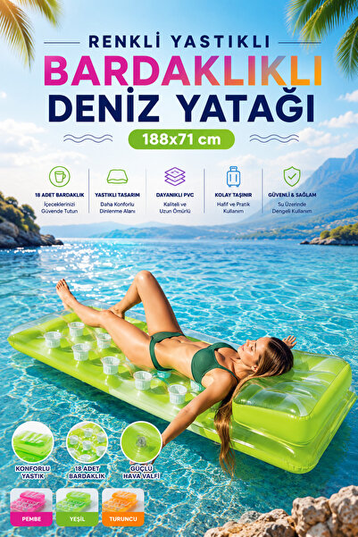 craftivio Yastıklı ve 18 Bardaklıklı Şişme Deniz Yatağı Havuz Yatağı 188x71 cm
