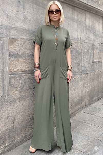 Pasaklı Giyim Women's Khaki Hakim Collar Short Sleeve Pocketed 100% Viscose L...