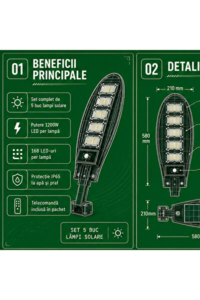 OEM SET 5x Lampa Stradala 1200W, Incarcare Solara (RO-V15) (IFT)