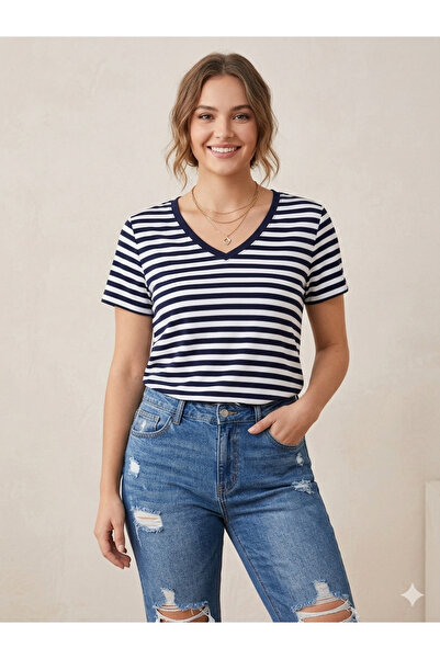 GÜLAY BUTTİK Navy Blue White Striped V-Neck T-Shirt