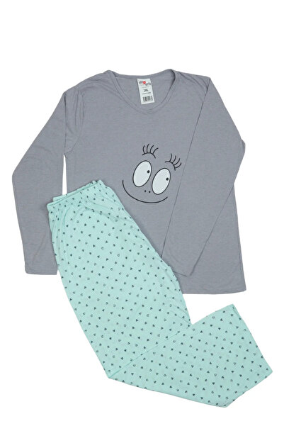 Serena Pijama damă Gri big size din bumbac mânecă lungă și pantaloni lungi verzi