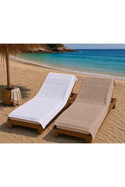 OEMN Set 1+1 Beach Towels XXL Greek Border White + Capuccino – 100% Cotton, 8...