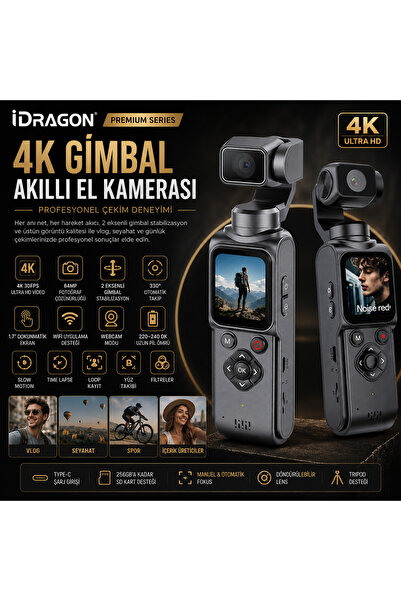 idragon AT-M105 4K Gimbal Kamera | Wi-Fi Bağlantılı Akıllı Takip Özellikli Vl...