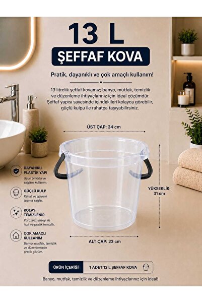 zemihra Kapaksız Su Kovası 13 Litre Şeffaf Temizlik Kovası Kapaksız Kova 1 Adet