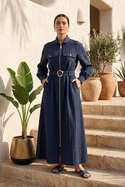 Missemramiss Belted Half-Zip Double Pocket Chic Line Striped Dress 5161 Navy ...