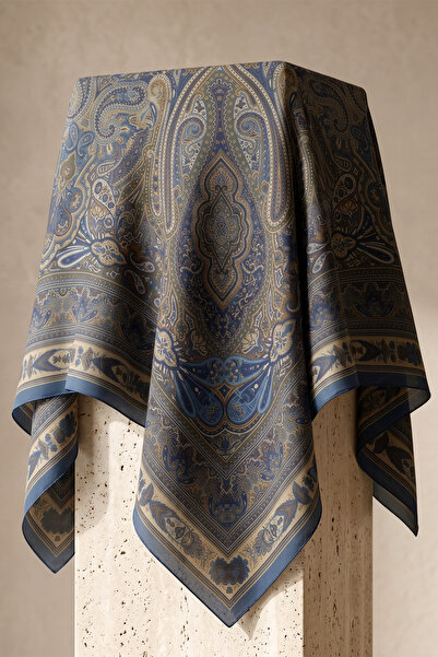FERHEL Tesettür Etnik Paisley Desen Premium Eşarp 120 x120 - K.Lacivert