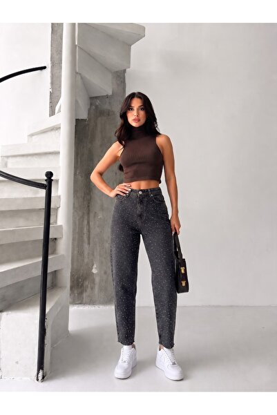 KENE JEANS Brown Tinted Cut-Edge Stone-Finished Mom Denim Pants
