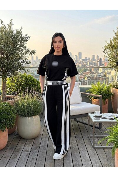 mylunessa Black Striped Tracksuit Short T-Shirt Pants Set