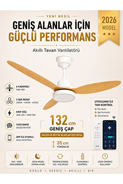 Kılıforyum 132 cm Akıllı Tavan Vantilatörü – Kumandalı & App Kontrollü – 6 Ka...