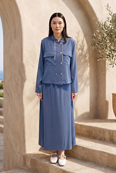 Lale Butik Collar Chain Detail Skirt Suit 26198 Indigo