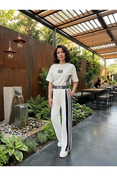 mylunessa White Striped Tracksuit Short T-Shirt Pants Set