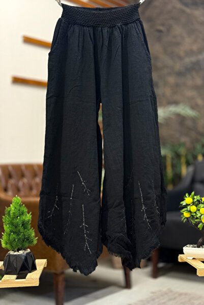sahnemoda Paça Tüy Nakışlı Bol Paça Keten Pantolon