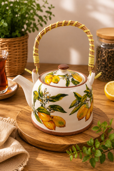 Karçiçeği Home Lemon Patterned Ceramic Teapot with Wicker Handle Decorative