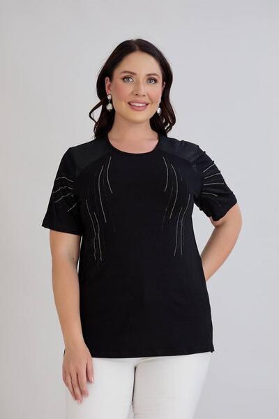 Hermevsim Tricou negru din bumbac pieptănat, cu detalii din piele și piatră, ...