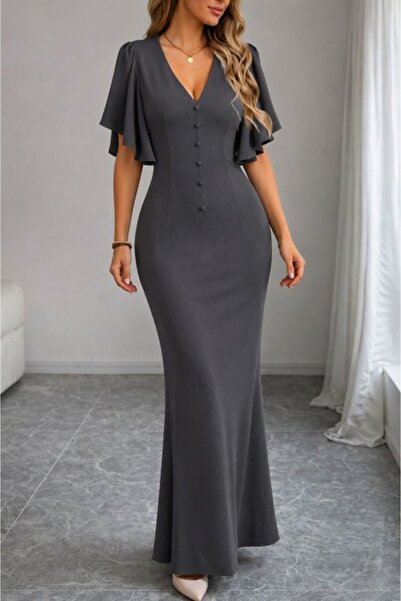 Wear Up Rochie lungă din crep Janjan, cu mânecă scurtă, decolteu în V și deta...