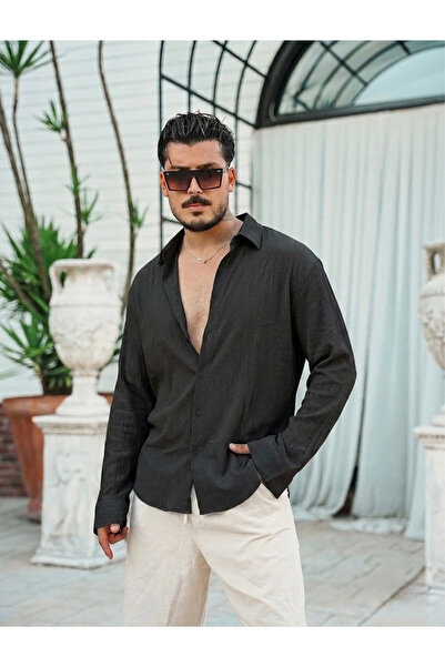 OUTFİT MAN Soft Cotton Linen Relaxed Basic Shirt Black