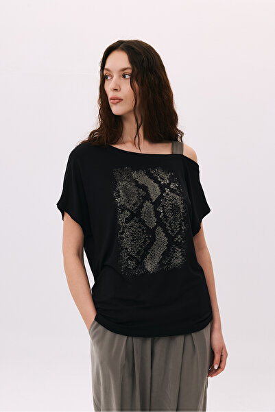 DAIDO Women's One-Shoulder Detailed Low-Sleeve Combed Cotton Blouse 6253 Black
