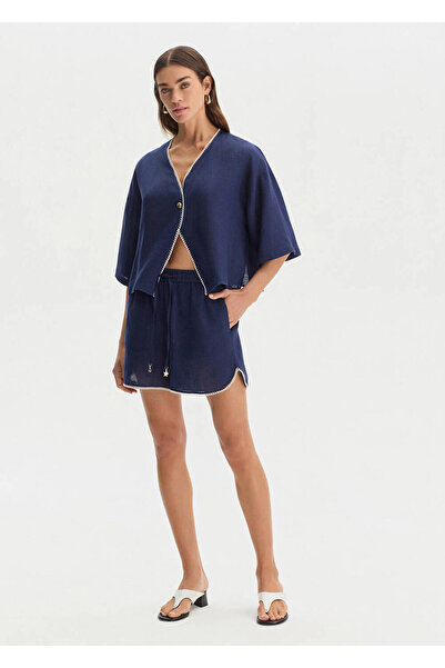 Knitss Navy Blue Linen Shorts with Contrast Detail