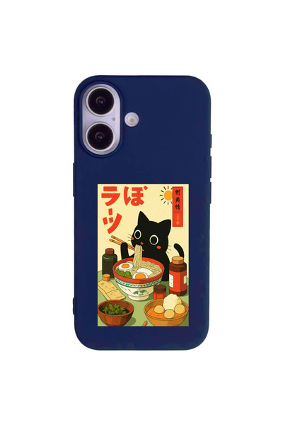 Casen iPhone 17 Lacivert Lansman Renkli Silikon Black Cat Tasarımlı Telefon K...