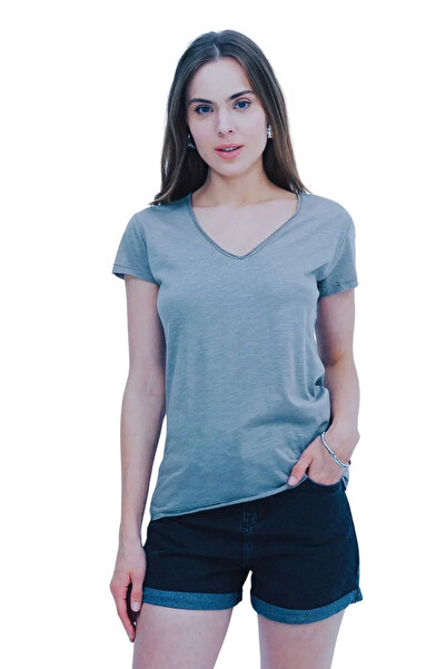 USLUCAN ALIŞVERİŞ Women's V-Neck Basic Cotton T-Shirt Black