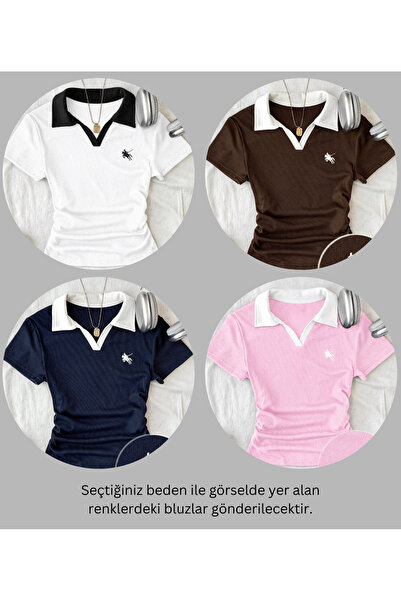 Gofeel Women's 4-Piece Soul Colored Polo Collar Embroidered Drawstring Blouse