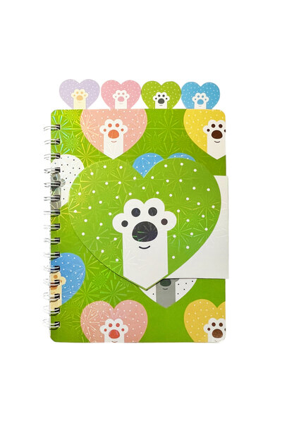 OEM Spiral notebook, 4 dividers, 60 dictation sheets, green hearts cover, glo...
