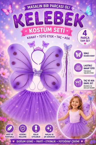 Tamsena Store Lila Mor Kelebek Kostüm Seti Çocuk – Kanat, Tütü Etek, Taç ve A...
