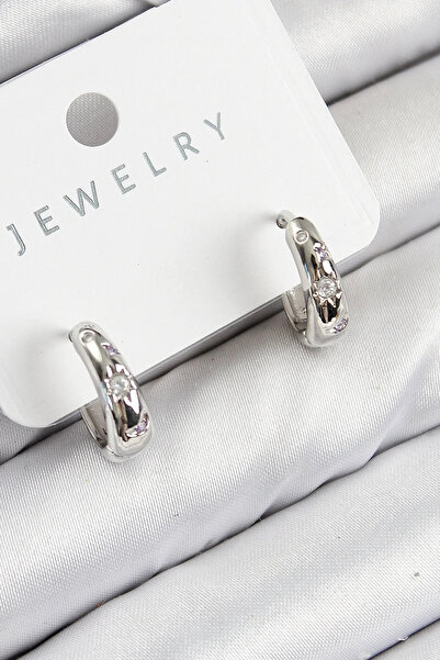USLUCAN ALIŞVERİŞ Brass Zircon Stone Hoop Model Silver Color Women's Earrings