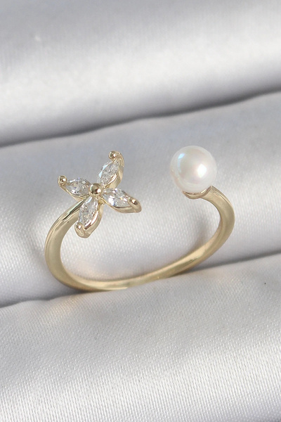 USLUCAN ALIŞVERİŞ Brass Gold Color Zircon Stone Flower Model Pearl Detail Adj...