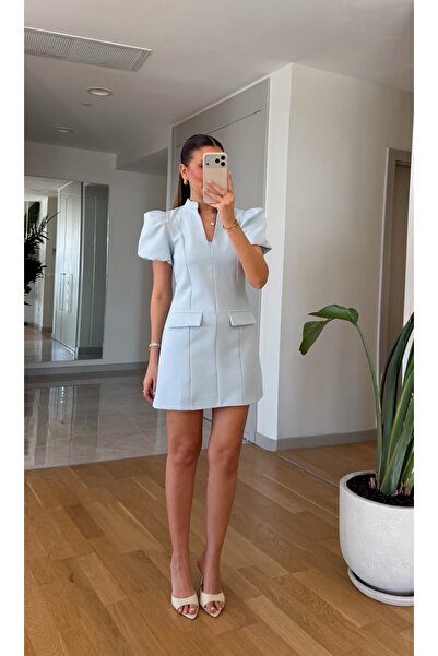 FEMMESTUDIO Women's Blue Drop Collar Balloon Sleeve Dress