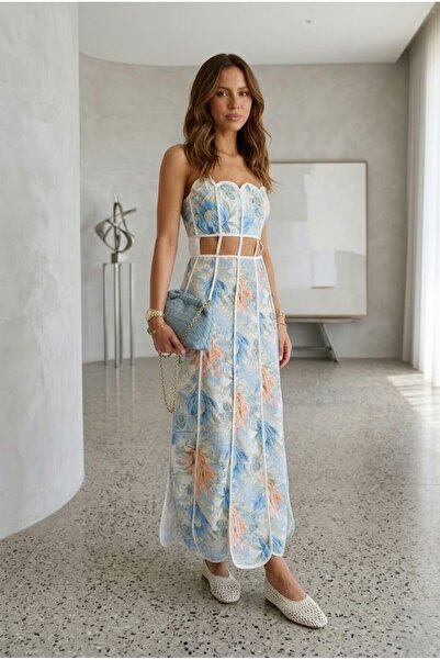 LOKADI Women's Patterned Ribbed Cut Out Detailed Slit Strap Midi Dress