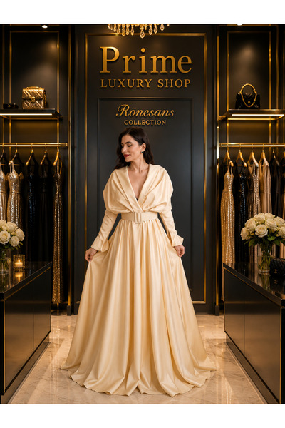 PRİMELUXRY SHOP Şampanya Rengi ne Saten Abiye Elbise – Vintage Prenses