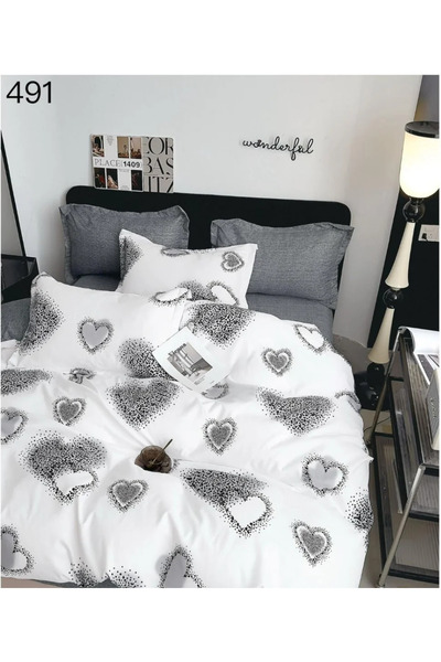 East Comfort Set lenjerie de pat 6 piese, flanel, alb cu inimioare negre-GR491