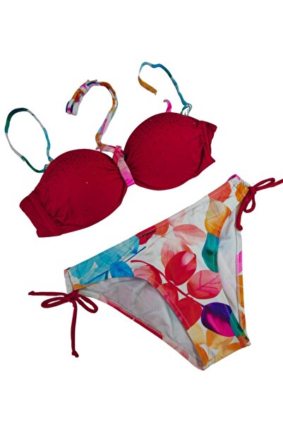 hazelin Women's Red Stone Embroidered a Lined Bikini Set Hzl25S-Lc207