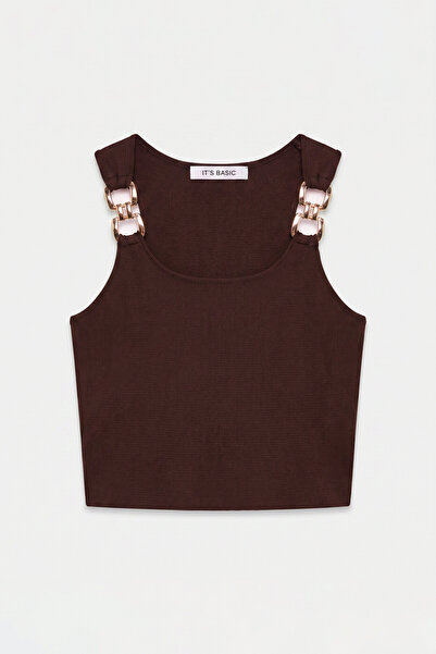 it's basic Bluză crop maro pentru femei s6-81 cu detalii accesorii