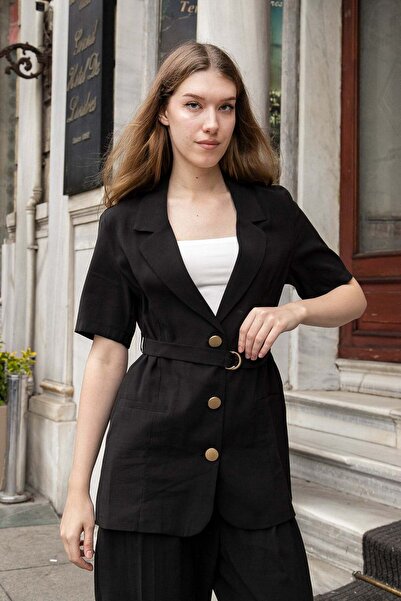 Jument Women's Lycra-Free Linen-Look Fabric Collared Flato Pocketed Short Sle...