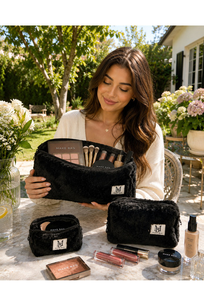 MAKE BAG SİYAH PELUŞ 3'LÜ MAKYAJ ÇANTASI SETİ