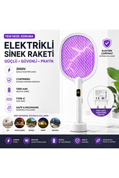Inovaxis Şarjlı Sinek Raketi USB Type-C Elektrikli Standlı Sivrisinek Öldürüc...
