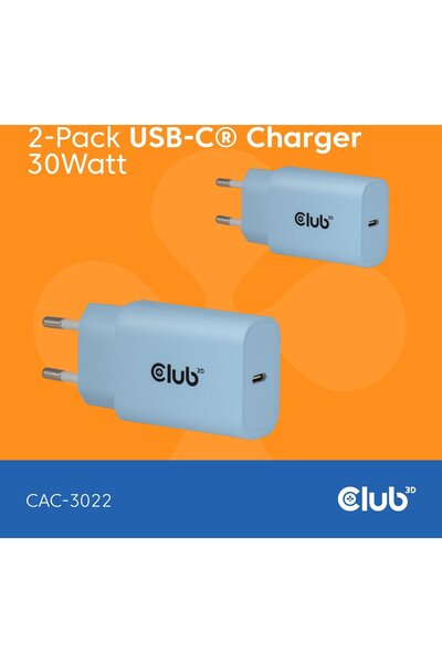 Club 3D Încărcător Club3D Lifestyle USB-C 30W, 2 buc. albastru, ambalaj de vâ...